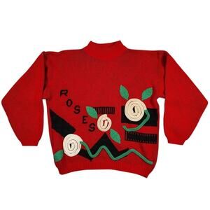 VTG Topsville Women's Red  Floral Embroidered Sweater Size L **PLEASE READ**